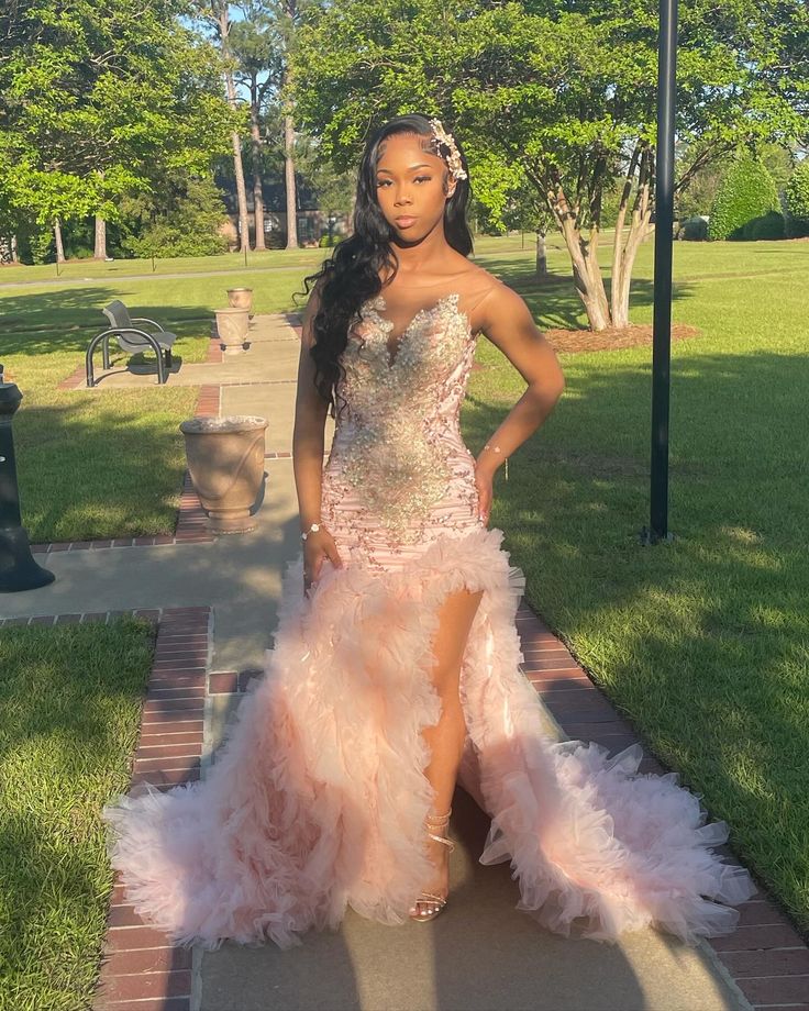 Gorgeous Pink Mermaid Feather High-slit Tulle Train Prom Dress Evening Dress cc5005