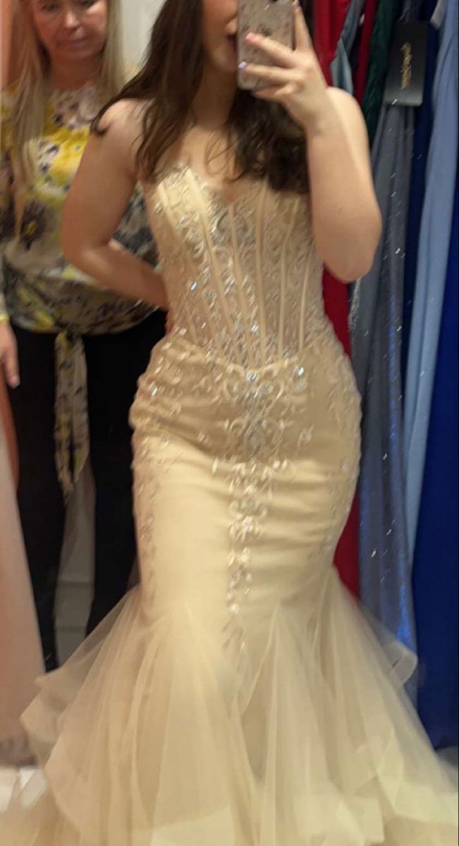 Elegant Pale Yellow Mermaid V-neck Embroidered Tulle Train Prom Dress Evening Dress cc5006