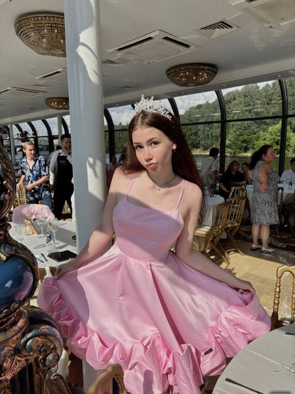 Sweet Pink Backless Ruffled A-line Satin 17th Birthday Homecoming Dress cc4316