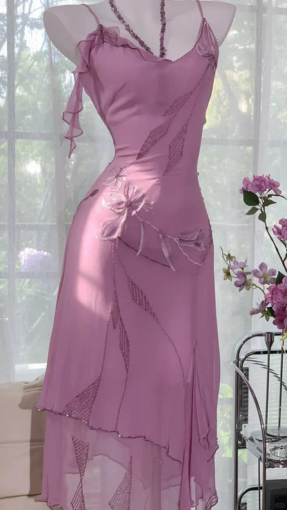 Gorgeous Rose Pink Applique Spaghetti Strap Chiffon Prom Dress Evening Dress HZ1024