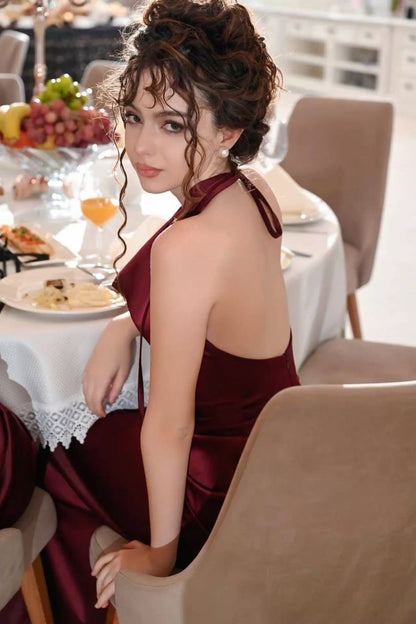 Elegant Burgundy Mermaid Halter Neck Backless Satin Long Prom Dress Evening Dress cc5028