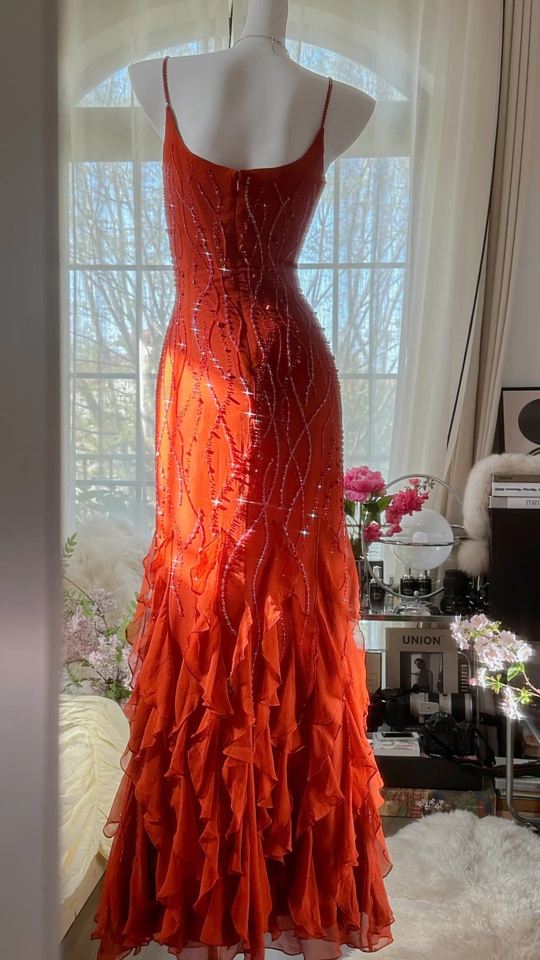 Designers Beaded Prom Dress Long Cascade Ruffled Evening Gown