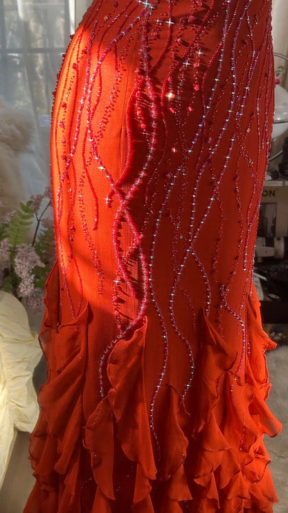 Designers Beaded Prom Dress Long Cascade Ruffled Evening Gown