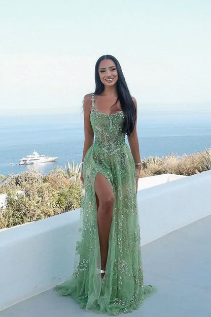 Luxurious Mint Green A-line Square Neckline High Slit Tulle Long Prom Dress Evening Dress cc5029