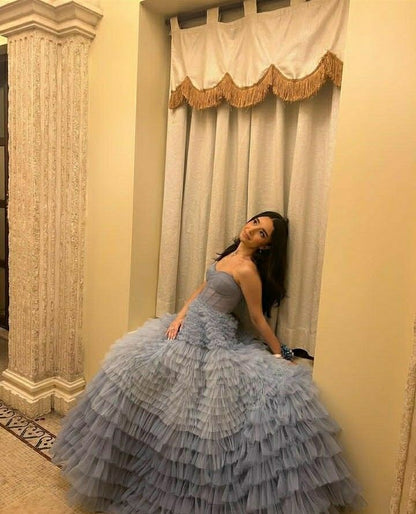 Dreamy Gray-blue A-line Strapless Layered Tulle Long Prom Dress Evening Dress cc5033
