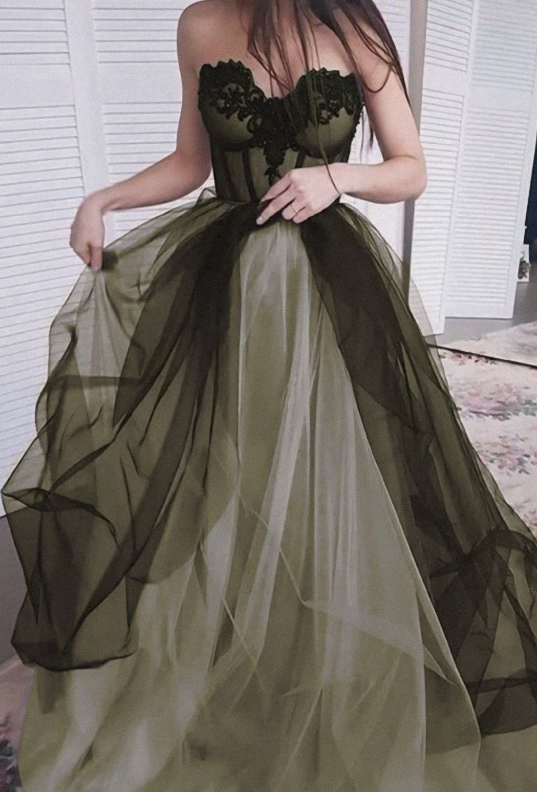 Dark Olive Green A-line Sweetheart Neckline Tulle Train Prom Dress Evening Dress cc5040