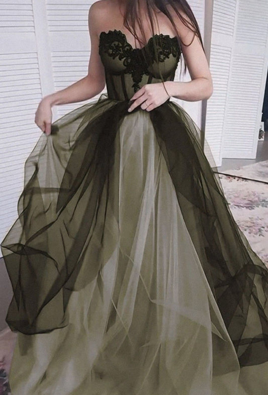 Dark Olive Green A-line Sweetheart Neckline Tulle Train Prom Dress Evening Dress cc5040