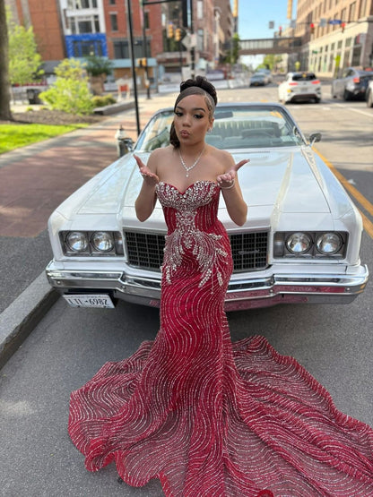 Gorgeous Red Mermaid Sweetheart Neckline Rhinestone Sequined Train Prom Dress Evening Dress cc5041