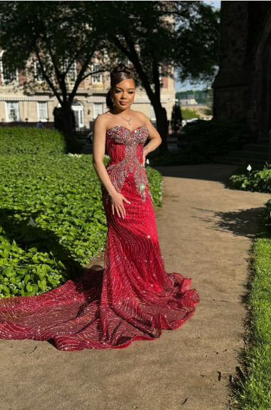 Gorgeous Red Mermaid Sweetheart Neckline Rhinestone Sequined Train Prom Dress Evening Dress cc5041