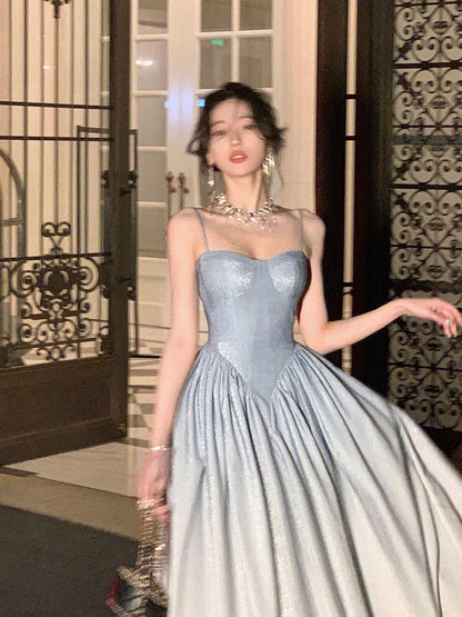 Dreamy Light Blue A-line Spaghetti Strap Sequins Long Prom Dress Evening Dress cc5044