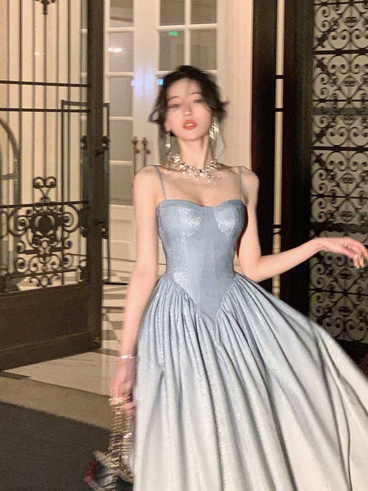 Dreamy Light Blue A-line Spaghetti Strap Sequins Long Prom Dress Evening Dress cc5044