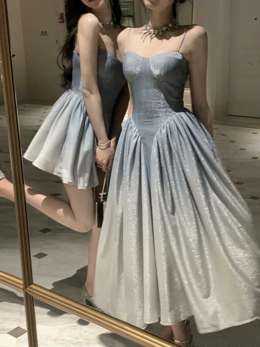 Dreamy Light Blue A-line Spaghetti Strap Sequins Long Prom Dress Evening Dress cc5044