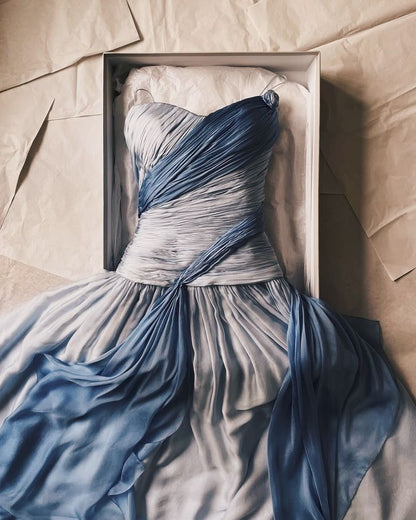 Elegant Blue Gradient A-line V-neck Spaghetti Strap Pleated Tulle Long Prom Dress Evening Dress cc5055