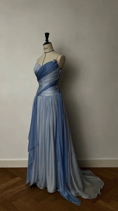 Elegant Blue Gradient A-line V-neck Spaghetti Strap Pleated Tulle Long Prom Dress Evening Dress cc5055