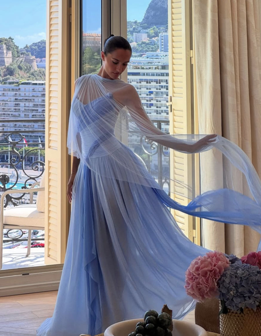 Elegant Blue Gradient A-line V-neck Spaghetti Strap Pleated Tulle Long Prom Dress Evening Dress cc5055