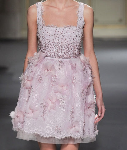 Sweet Light Pink Square Neck 3D Flower Sequin Lace Birthday Party Homecoming Dress cc4358
