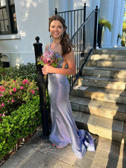 Elegant Purple Mermaid One-Shoulder Sparkling Satin Long Prom Dress Evening Dress Bridesmaid Dress cc5058