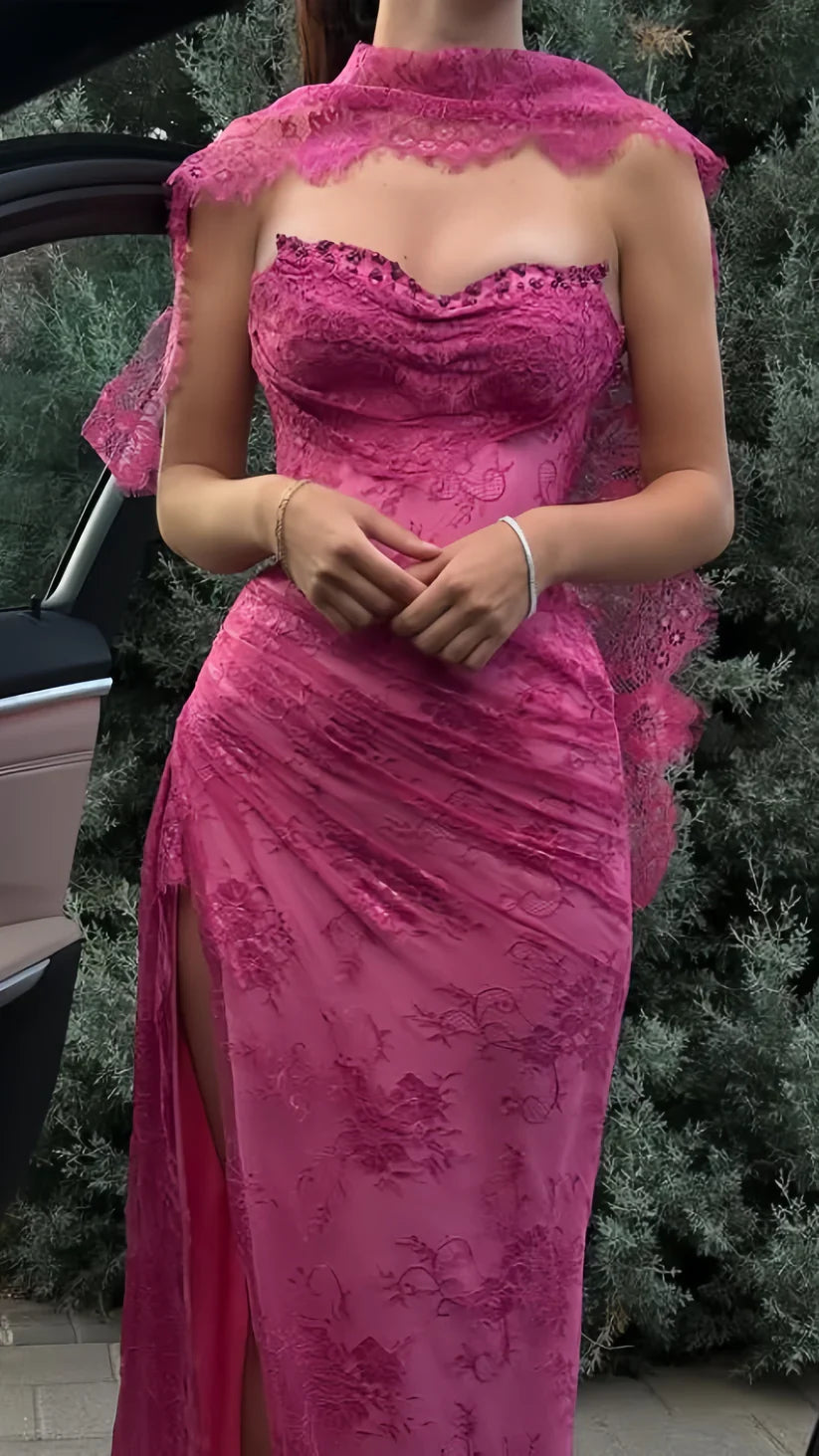 Vintage Pink Mermaid Strapless High-Slit Lace Long Prom Dress Evening Dress cc5065
