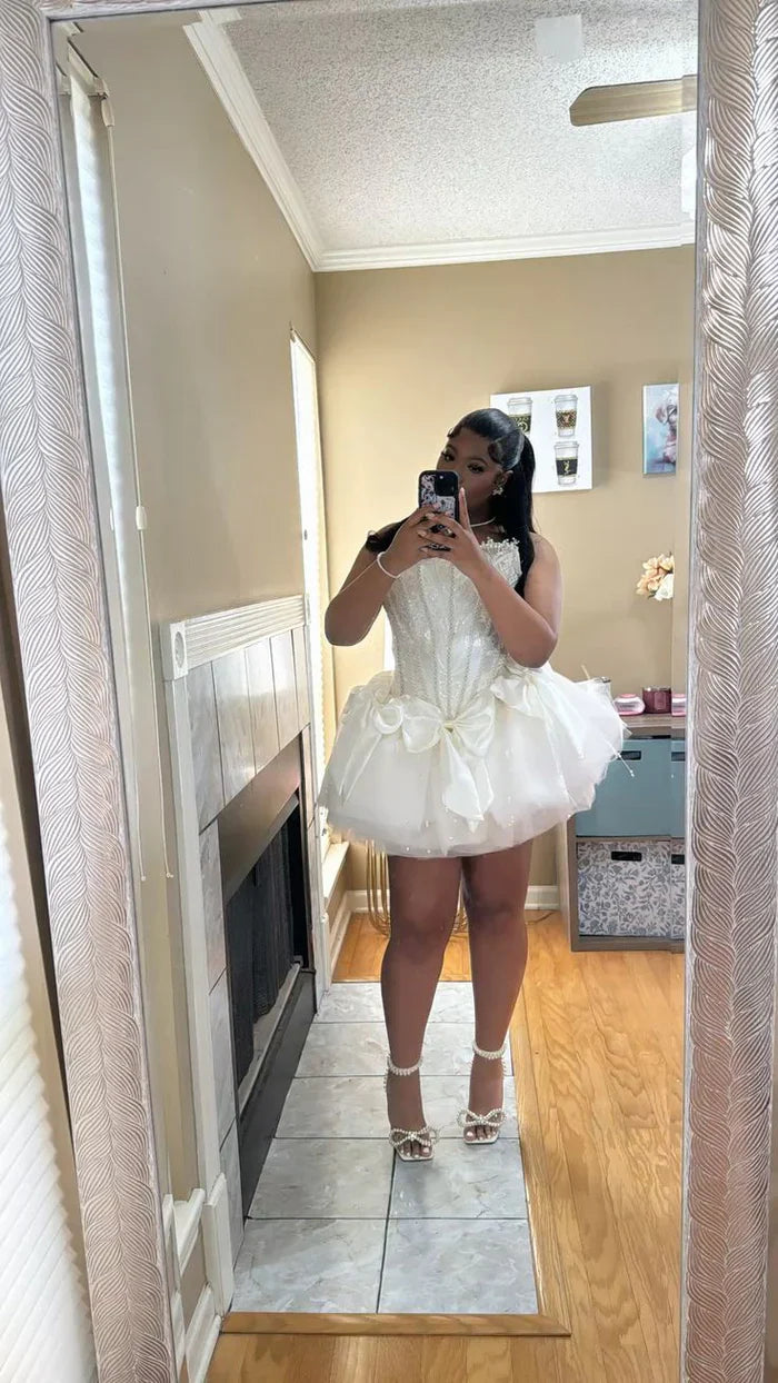 Princess White Strapless Pearl Bow Puff Skirt 16th Birthday Homecoming Dress cc4368