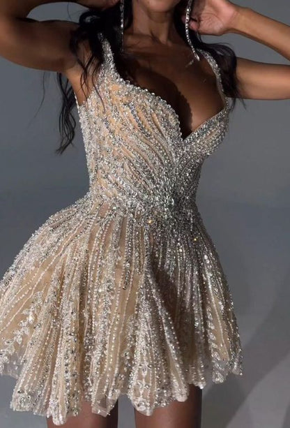 Vintage Silvery Shiny Beaded A-Line Short Party Dress Cocktail Dress Homecoming Dress HZ1024