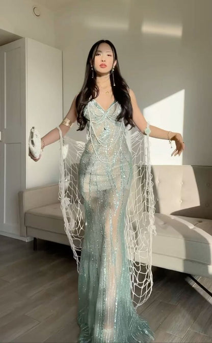 Sexy Light Mint Green Mermaid V-neck Pearl Chain Sequined Long Prom Dress Evening Dress cc5072