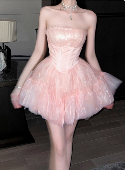 Sweet Pink Tulle Birthday Dress Tulle Puff Homecoming Dress cc3617