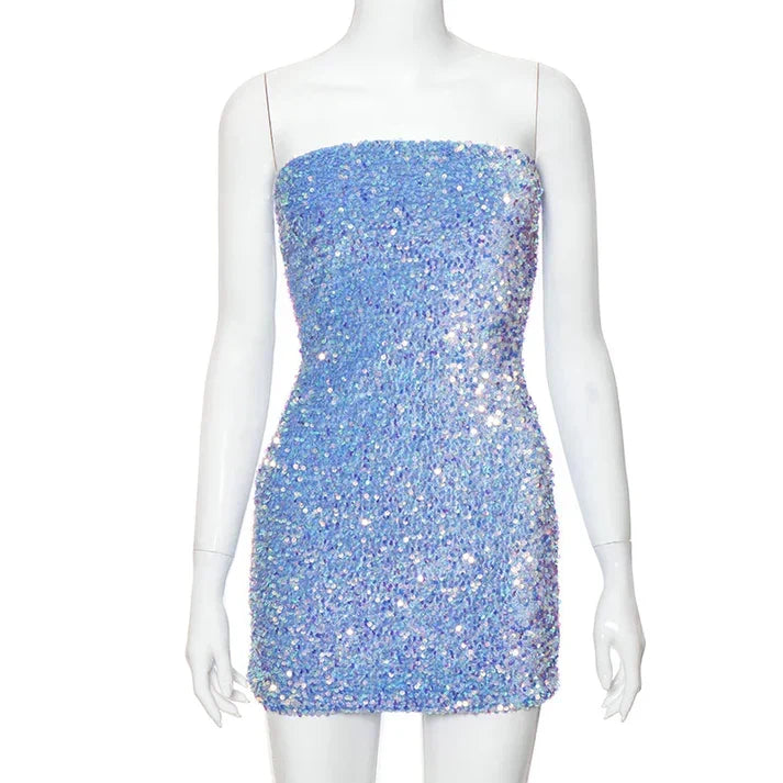 Retro Sparkling Blue Strapless Sequin Design Bodycon Party Dress Homecoming Dress HZ1024