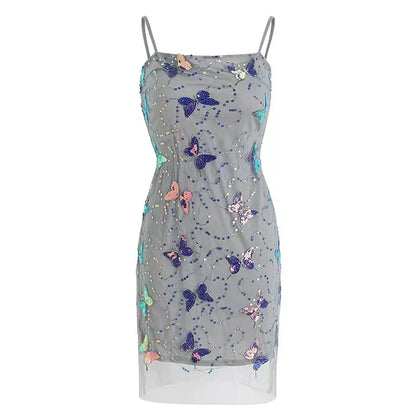 Elegant Sparkling Light Blue Spaghetti Strap Sequin Butterfly Design Sheath Chiffon Party Dress Homecoming Dress HZ1024
