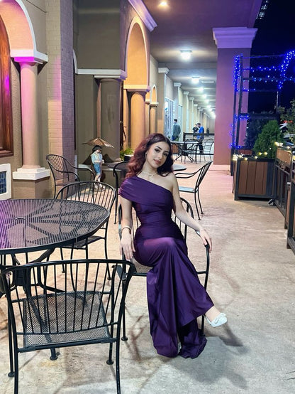 Elegant Deep Purple One-Shoulder Satin Mermaid Long Prom Dress Evening Dress cc5077