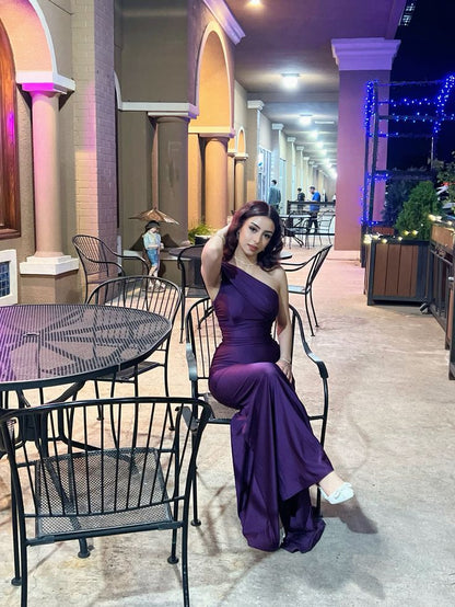 Elegant Deep Purple One-Shoulder Satin Mermaid Long Prom Dress Evening Dress cc5077