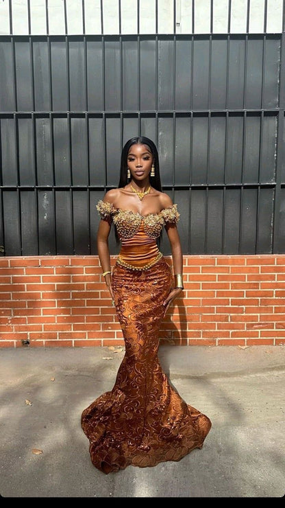 Luxurious Gold-Bronze Off-The-Shoulder Beaded Jacquard Mermaid Long Prom Dress Evening Dress cc5078