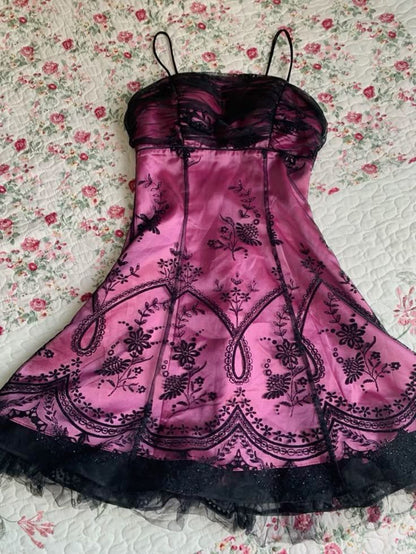 Vintage Black Tulle Lace Pink Satin A-line Birthday Short Skirt Homecoming Dress cc3660