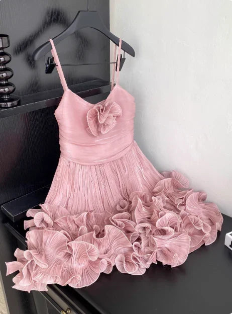 Cute Pink Spaghetti Strap Ruffle Design A-Line Homecoming Dress Party Dress Prom Dresses HZ1024