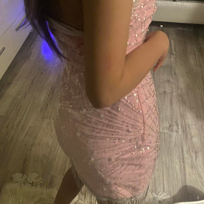 Gorgeous Pink Sequined Beaded Tassel Slim Fit 17th Birthday Homecoming Dress cc4386