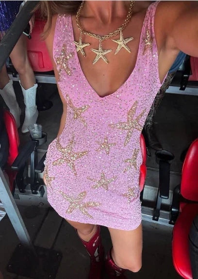 Retro Pink Sparkling Sequin V-neck Bodycon Homecoming Dress Party Dress HZ1024
