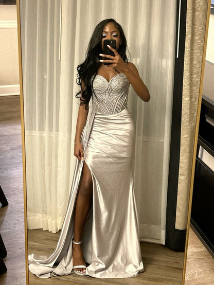 Elegant Silver-Grey Mermaid Slit Satin Long Prom Dress Evening Dress cc5089