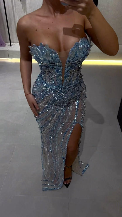 Glamorous Mermaid Strapless Sequined High-Slit Mesh Long Prom Dress Evening Dress cc5090