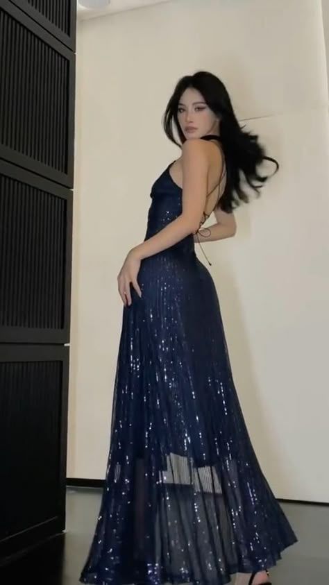 Sexy Navy Blue V-Neck Crisscross Strap High Slit Sequined Tulle Long Prom Dress Evening Dress cc5091