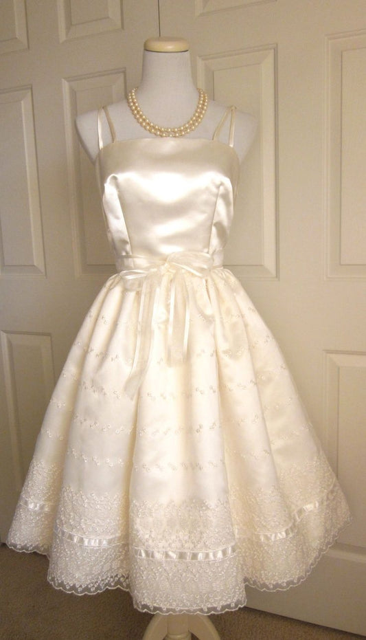 Cute Ivory Strappy Satin Lace Trim A-line Birthday Dress Homecoming Dress cc3766