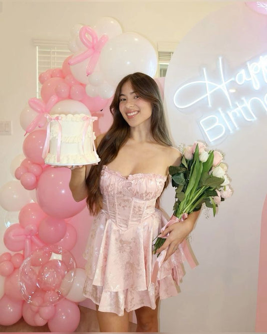 Sweet Satin Tube Top Herringbone Pink Dark Pattern A-line 17th Birthday Homecoming Dress cc3771