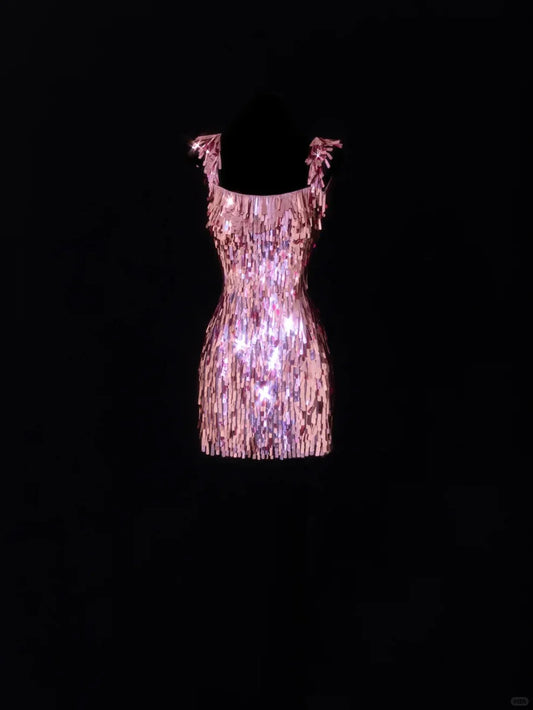 Gorgeous Pink Square Neck Sequin Tassel Slim Birthday Party Homecoming Dress cc4393