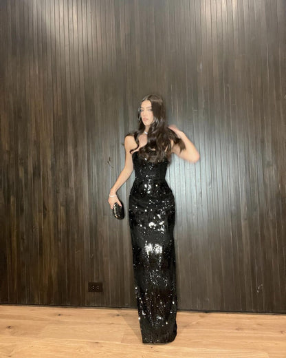 Elegant Black Mermaid Strapless High-Slit Sequined Long Prom Dress Evening Dress cc5093