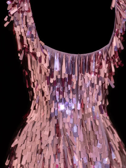 Gorgeous Pink Square Neck Sequin Tassel Slim Birthday Party Homecoming Dress cc4393