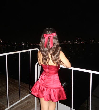 Elegant Burgundy V-neck Halter Satin A-line Birthday Short Skirt Homecoming Dress cc3781