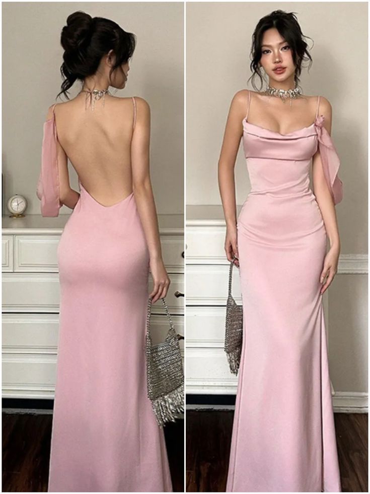 Elegant Pink Mermaid Spaghetti Strap Backless Satin Long Prom Dress Evening Dress cc5094