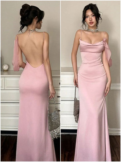 Elegant Pink Mermaid Spaghetti Strap Backless Satin Long Prom Dress Evening Dress cc5094