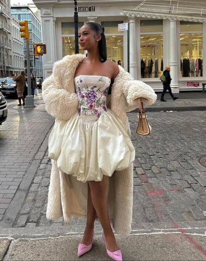 Elegant Embroidered Ivory Strapless Satin Flower Bud Birthday Dress Homecoming Dress cc3785