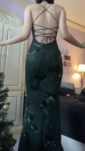 Beautiful Dark Green Mermaid V-Neck Cross-Strap Sequined Long Prom Dress Evening Dress cc5096