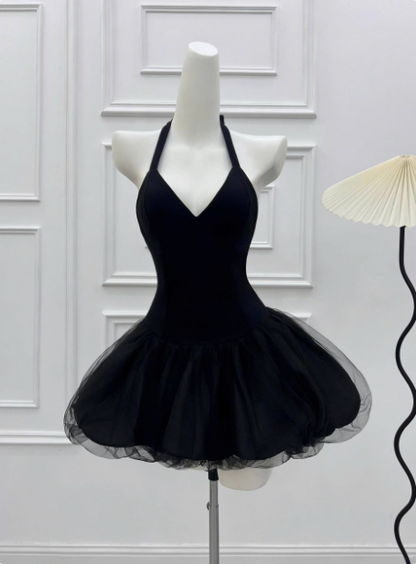 Beautiful Halterneck Black Mesh Splicing Puffy Birthday Dress Homecoming Dress cc3815