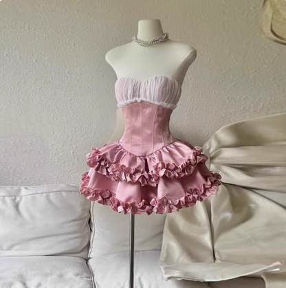Princess Tube Top Fishbone Waist Ruffled Puffy Birthday Skirt Homecoming Dress cc3817